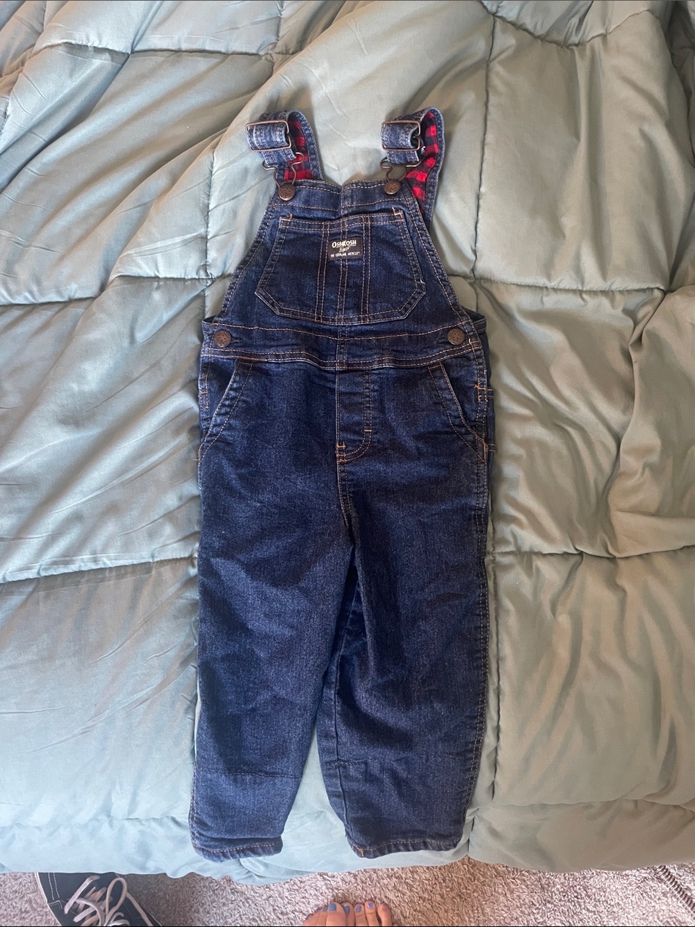 OshKosh B'gosh Dark Blue Denim Overalls with Plaid Lining